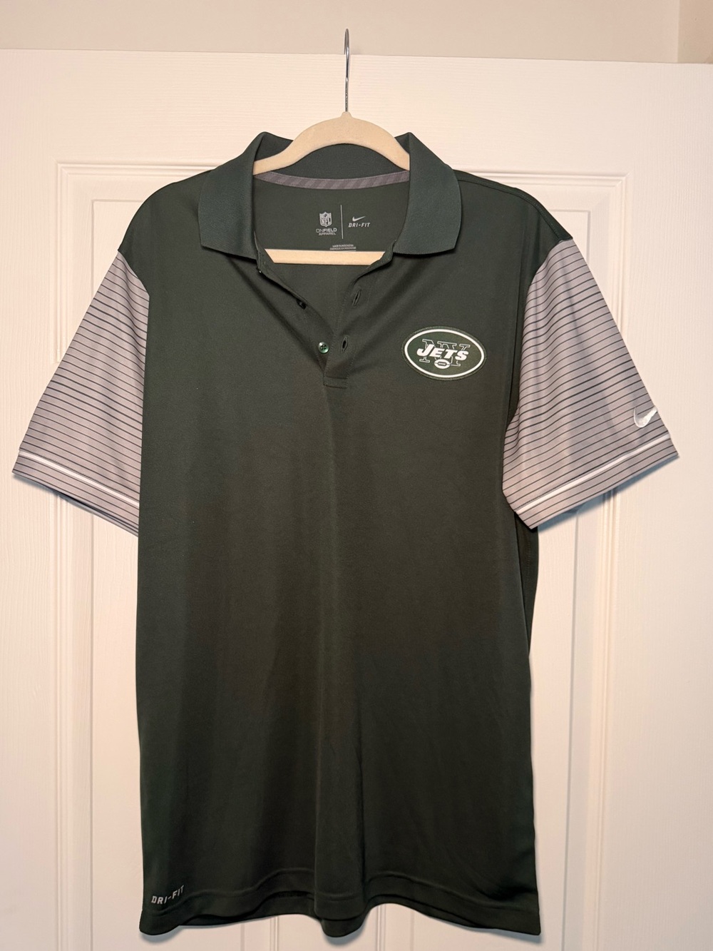 NFL New York Jets Dark Green Polo with Gray Striped Sleeves